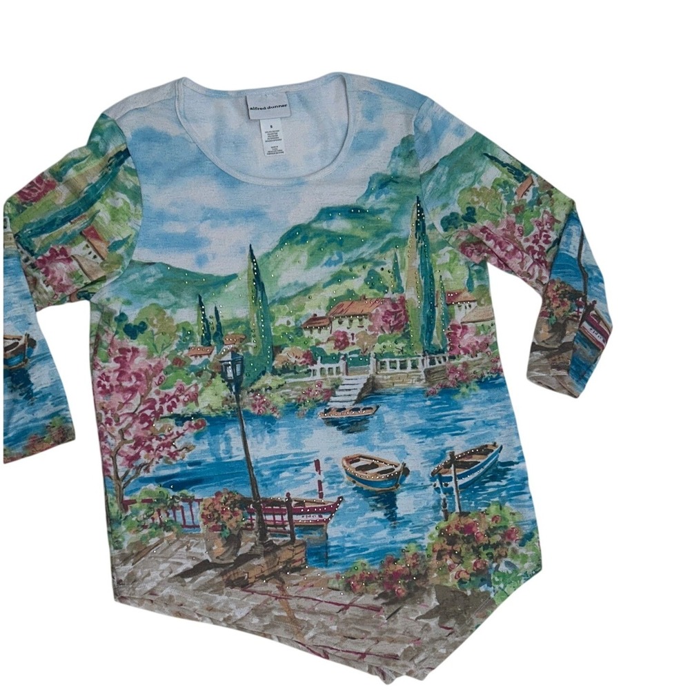 Alfred Dunner Scenic Harbor Print Knit Top 3/4 Sleeve Boat Scene Wearable Art - Picture 2 of 13